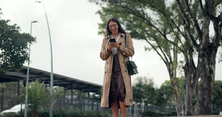 Canvas Print - Walking, business and happy woman with phone in city on morning commute for work, career and job. Travel, professional and person on smartphone for social media, networking and typing email in town