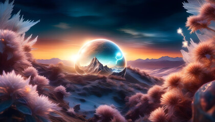 Wall Mural - A digital illustration of an imaginary planet with frost surrounded by crystal structures 