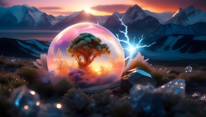 Wall Mural - A digital illustration of a frosty planet with alien-like flora and crystal structures surrounding it