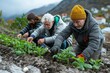 © Good Shot - Elderly friends work together planting in a community garden, fostering growth and companionship.