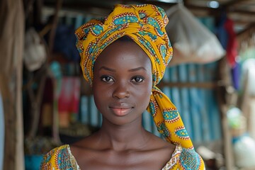 Portrait of a woman with a vibrant yellow headscarf and matching attire, gazing forward.
