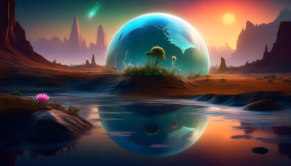 Wall Mural - a digital art piece featuring a planet with a frosty, cracked ground with a water reflection
