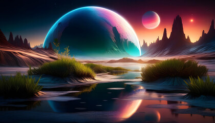 Wall Mural - A digital art piece of a frozen planet with a cracked surface and water reflecting the sky