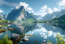 A breathtaking view of the Lofoten islands in Norway, showcasing dramatic mountains, serene ocean, and picturesque fjords. Perfect for travel and nature-related content.