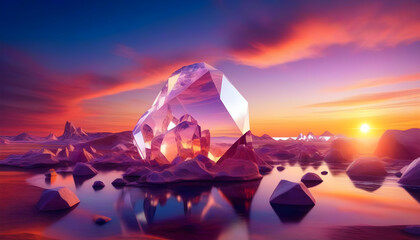 Wall Mural - A photo of a desert landscape with crystal structures and a vibrant sunset in the background