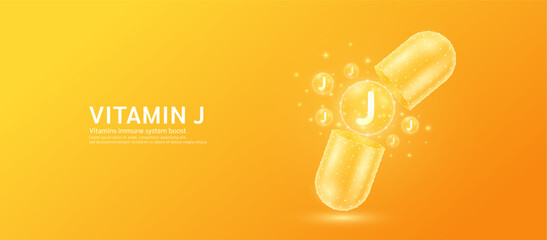 Sticker - Vitamin J pill drug capsule open with orange bubble ball float out in style polygon. Collagen and minerals antibiotic supplement essential health care. Medical and pharmacy concept. Banner vector.