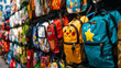 Rows of neatly organized backpacks each one adorned with popular cartoon characters and bright patterns offer a practical yet stylish accessory for the upcoming school year.