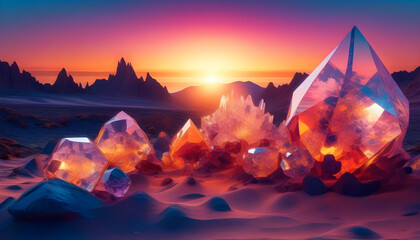 Wall Mural - A landscape with crystal structures and a colorful sunset