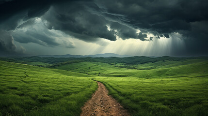 Wall Mural - landscape of a trail leading into field with hills background