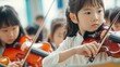 In a music class, young female chinese students devote themselves to learning the violin focusing on music and space, Generative AI.