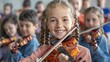 In a music class, young female students devote themselves to learning the violin focusing on music and space, Generative AI.
