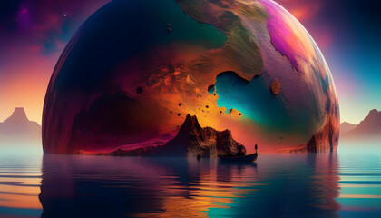 Wall Mural - A digital art piece of an alien planet with a reflection in water below