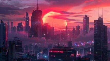 Wall Mural - A vibrant science fiction city silhouette against the backdrop of a dramatic red sunset