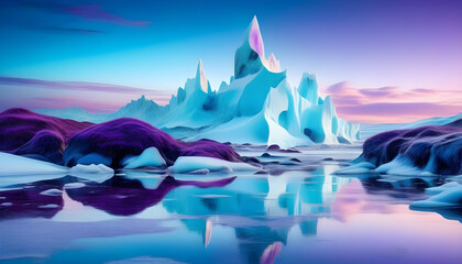 Wall Mural - A photo of a glacier with shades of blue and purple, with intricate designs and a reflection in the water