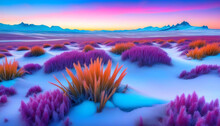 A Digital Artwork Of A Fantasy Landscape With A Frozen Ground And Alien-like Plants In Vibrant Colors