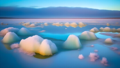 Wall Mural - a photo of a frozen landscape with ice crystals and a reflection in the water