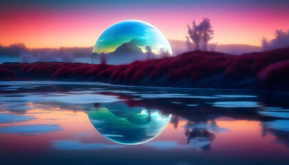 Wall Mural - A photo of a fictional alien planet with a pink sky and unique flora, with a reflection in the water