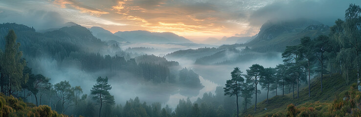  Sunrise in the mountains with heavy fog. Created with  Ai