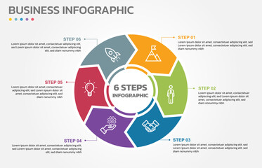 Poster - Visual data presentation. Cycle diagram with 6 options. Pie Chart Circle infographic template with 6 steps, options, parts, segments. Business concept. Marketing infographic vector illustration. 
