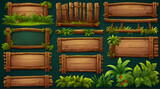 Set of jungle game UI elements - wood menu frame with green tropical leaves, round buttons and star rating level asset. Cartoon illustrator kit for adventure mobile game. generative.ai
