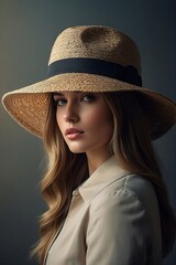 Wall Mural - Portrait capturing the profile of a beautiful girl wearing a stylish hat, striking a pose in a studio background.