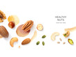 Creative layout made of pecan, almond, sunflower seeds, pumpkin seeds, walnut, cashew, pistachio hazelnut on the white background with watercolor spots. Flat lay. Macro concept of nuts and seeds.