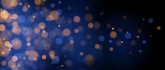 Blurred gold bokeh on blue background. Golden blurred effect wallpaper. Abstract shiny glitter, sparks, dust, sparkles. Glowing navy backdrop for Christmas, New Year or birthday card, banner. Vector
