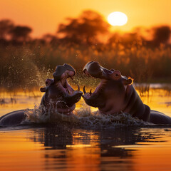 Wall Mural - Two Hippopotamus (Hippopotamus amphibius) fighting in the evening