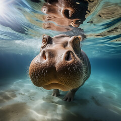 Sticker - Cute hippo swimming under clear water