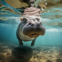 Sticker - Cute hippo swimming under clear water