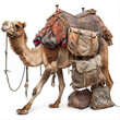 camel with saddle and luggage isolated on white background