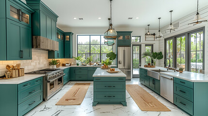 Wall Mural - Hunter green Kitchen cabinets - stainless steel appliances - marble countertop and floors - meticulous symmetry - perfectly centered composition - wood ceiling 