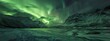 beautiful northern lights (aurora borealis) in a scandinavian nordic country. forest and snow mountains and a lake. 8:3 panorama wide wallpaper background