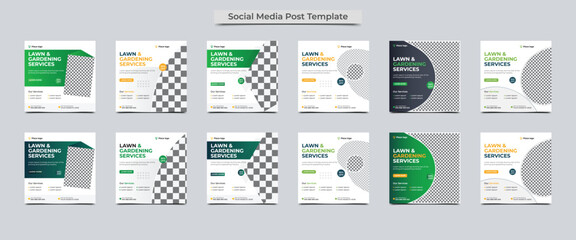 Wall Mural - Lawn and Gardening service social media template bundle. Agriculture and farming services social media post banner.Lawn Mower Garden or Landscaping service social media post template design.