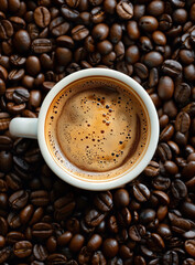 Wall Mural - A close-up of a steaming mug of coffee with aromatic roasted beans scattered on top
