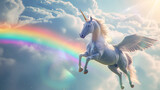 Fototapeta  - Artistic Style Unicorns with Wings Flying Over A Rainbow Aspect 16:9 Perfect for Print on Demand Artwork Merchandise