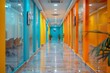 An empty school hallway presents a bold color contrast with shiny floors, reflecting the bright orange and blue decor.