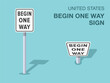 Traffic regulation rules. Isolated United States begin one way road sign. Front and top view. Flat vector illustration template.