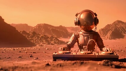Wall Mural - an alien dj wearing headphones behind a dj rig on the surface of mars. generative ai