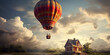 hot air balloon in the sky, Generative AI hot air balloon fantasy landscape with cute house, Flying house with hot air balloon , Generative AI