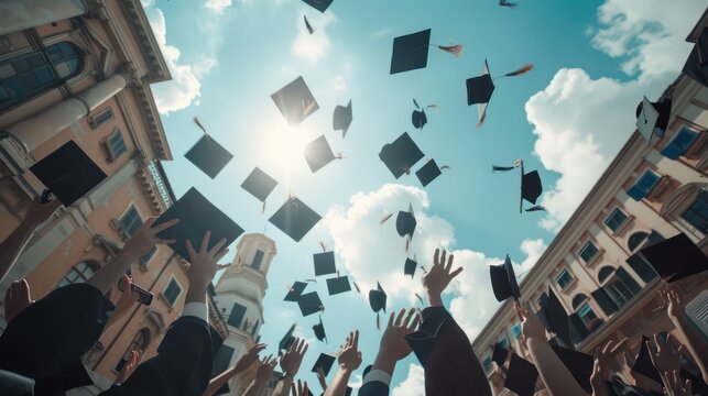 Graduation celebration at the university. Graduation caps thrown into the air
