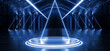 Sci Fi Cyber Futuristic Neon Laser Blue VIbrant Triangle Lights On Alien Modern Hall Stage Podium Tunnel Corridor Metal Concrete Made Garage 3D Rendering