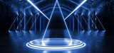 Fototapeta Perspektywa 3d - Sci Fi Cyber Futuristic Neon Laser Blue VIbrant Triangle Lights On Alien Modern Hall Stage Podium Tunnel Corridor Metal Concrete Made Garage 3D Rendering