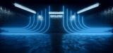 Fototapeta Perspektywa 3d - Sci Fi Cyber Futuristic Neon Laser Blue VIbrant Line Lights On Alien Modern Hall Stage Podium Tunnel Corridor Metal Concrete Made Garage 3D Rendering
