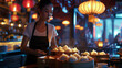 At night, in a restaurant with traditional lanterns, a Chinese woman readies herself to serve dim sum