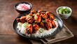 Spicy korean fried chicken with pickled radish and rice
