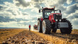 free space for title banner with Photography shot of tractor on farm field with farmer standing next to it happy cinematic, daylight, bright saturated colors