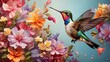 A graceful hummingbird hovering mid-air, sipping nectar from a cluster of colorful flowers. 