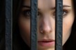 Portrait of a female prisoner staring intently into a cell behind the bars of a prison cell. Women's colony