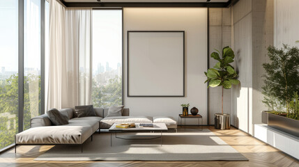 Modern airy living room with floor-to-ceiling windows, white sheer curtains and an empty frame model on the wall above the sofa